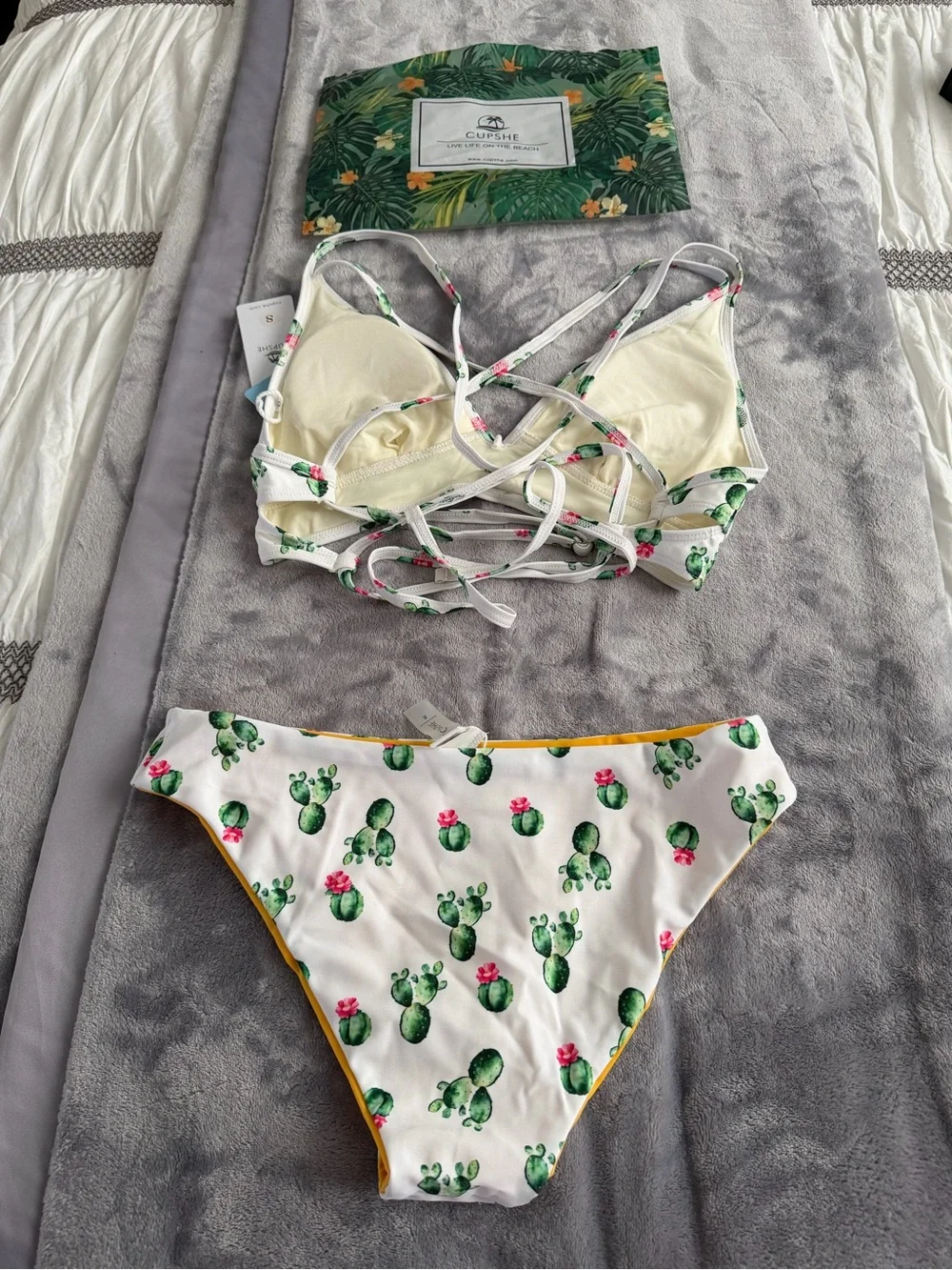 Cupshe White Cactus Print Strappy Bikini with Yellow Lining - Picture 2 of 2